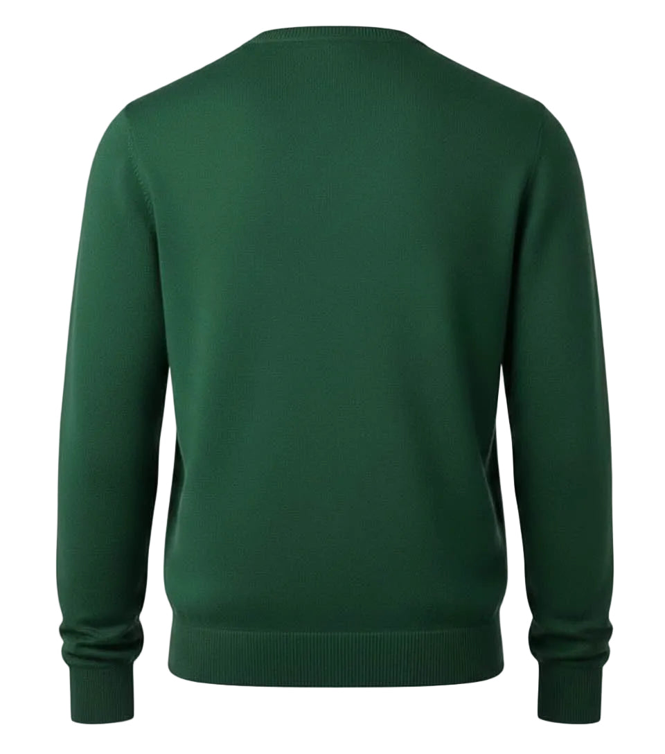 Green extrafine Merino Woo pullover from the back on a white background