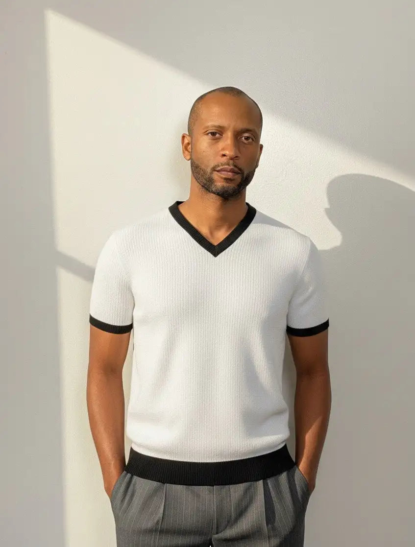Man wearing a white and black BCI Cotton V-neck tee with gray pants against a light background