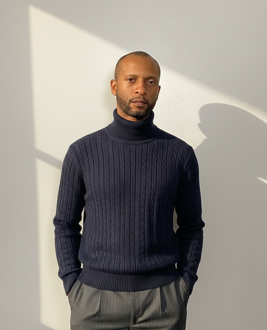Extrafine Merino Wool Cable Knit Turtleneck - Navy