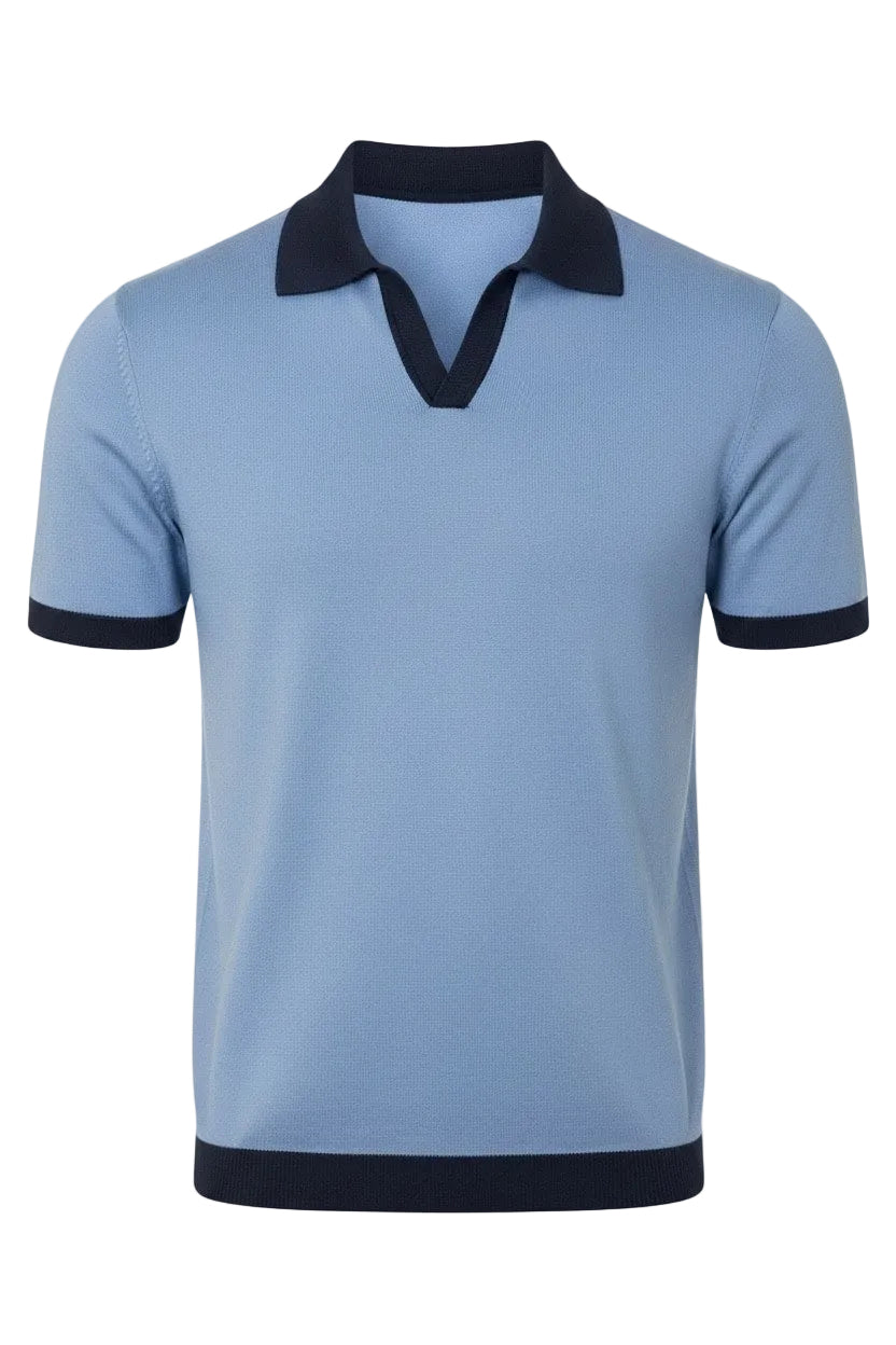 Light blue polo shirt with dark blue collar and trim on a white background