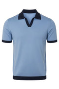 Light blue polo shirt with dark blue collar and trim on a white background