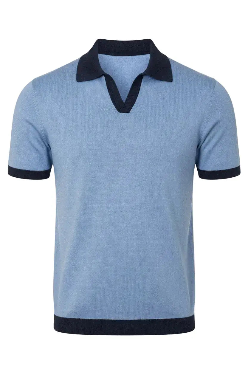 Light blue polo shirt with dark blue collar and trim on a white background