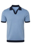 Light blue polo shirt with dark blue collar and trim on a white background