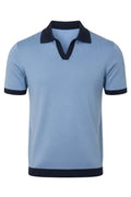 Light blue polo shirt with dark blue collar and trim on a white background