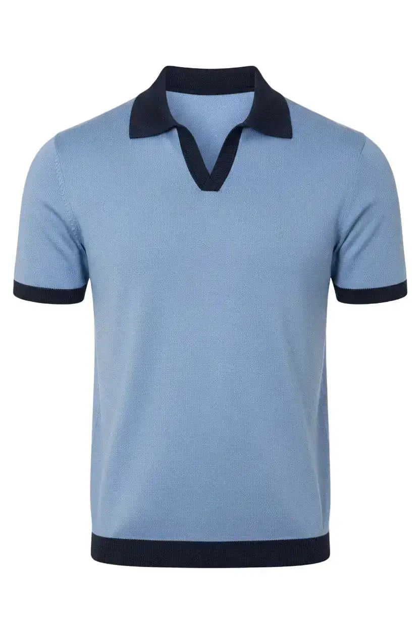 Light blue polo shirt with dark blue collar and trim on a white background