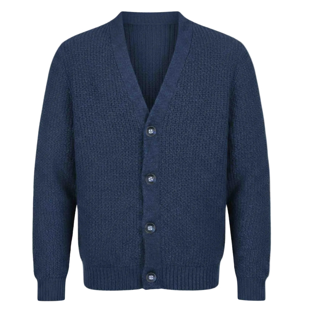 Blue RWS extra fine Merino Wool knitted cardigan on a white background 