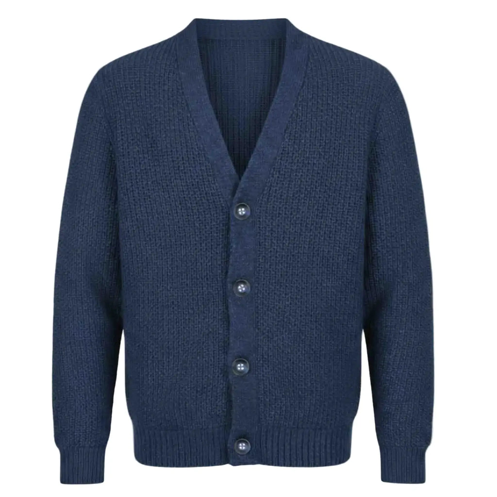 Blue RWS extra fine Merino Wool knitted cardigan on a white background 