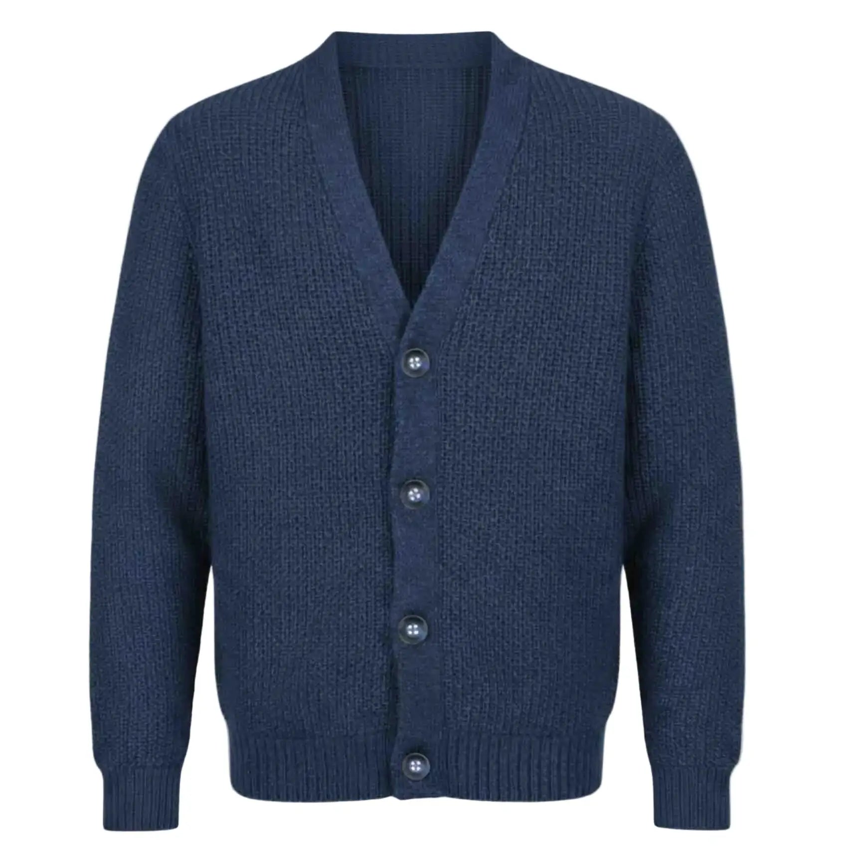 Blue RWS extra fine Merino Wool knitted cardigan on a white background 