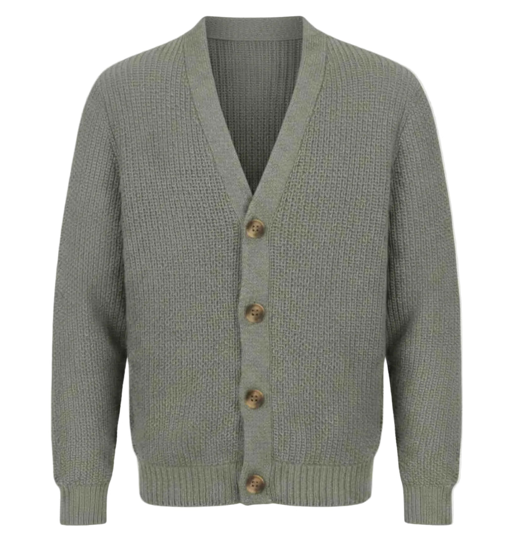Sage Gray  RWS extra fine Merino Wool knitted cardigan with button details on a white background