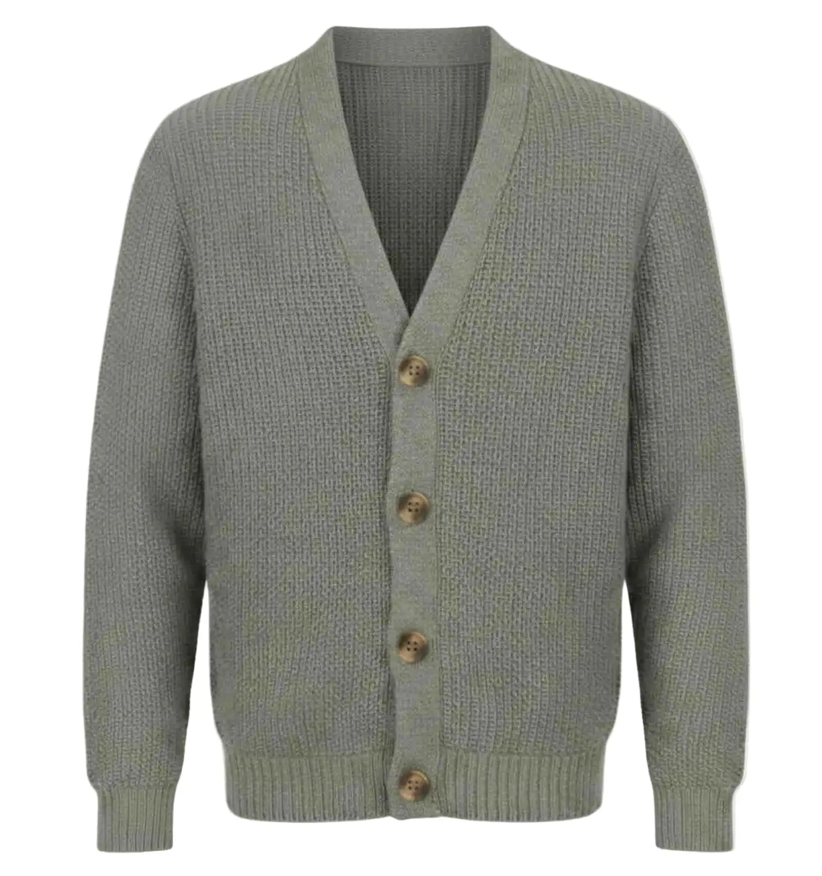 Sage Gray  RWS extra fine Merino Wool knitted cardigan with button details on a white background