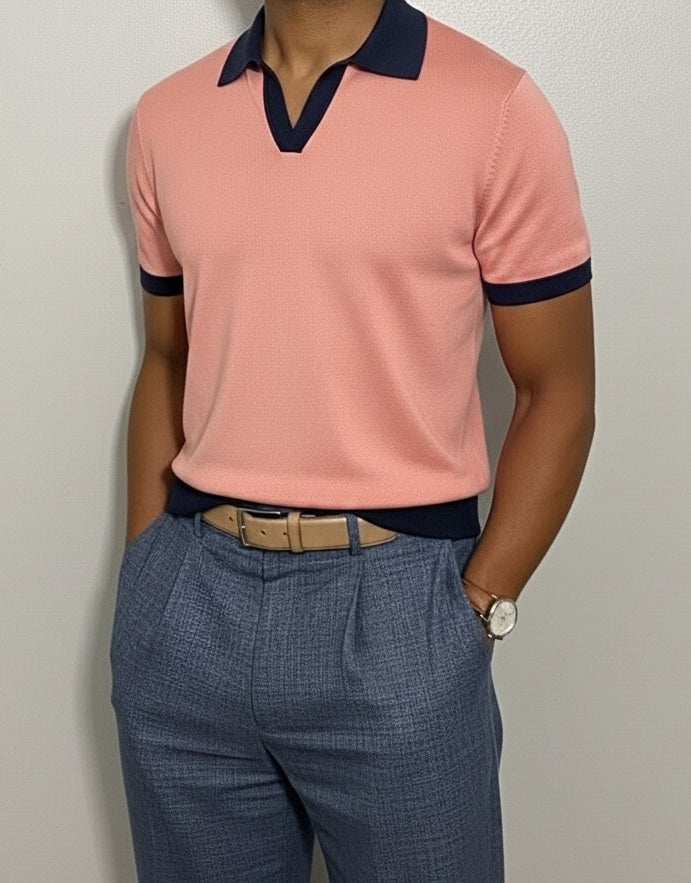 Pure BCI Cotton Short Sleeve V-Neck Polo  - Salmon
