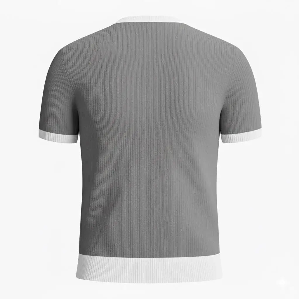 Gray knit t-shirt with white trim on a white background