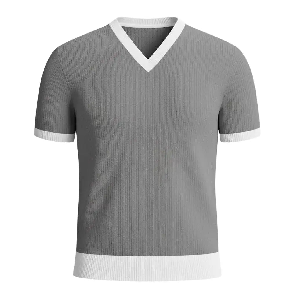 Gray short-sleeve shirt with white trim on a white background