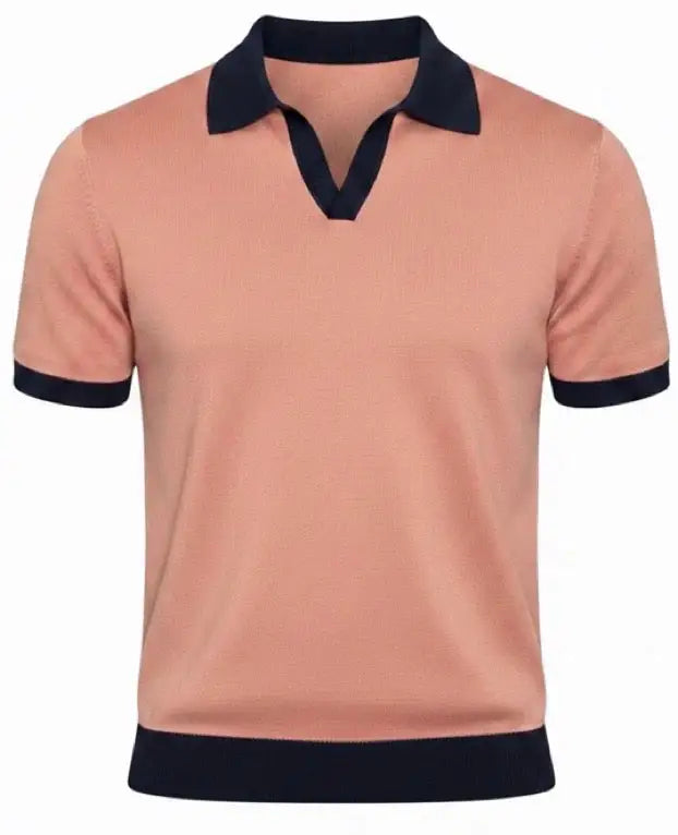 Salmon v-neck polo shirt with black accents on a white background