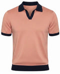 Salmon v-neck polo shirt with black accents on a white background