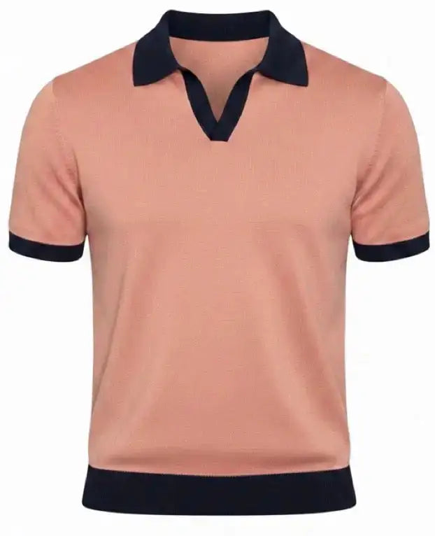 Salmon v-neck polo shirt with black accents on a white background