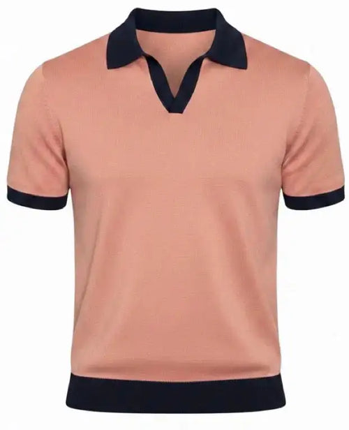 Salmon v-neck polo shirt with black accents on a white background