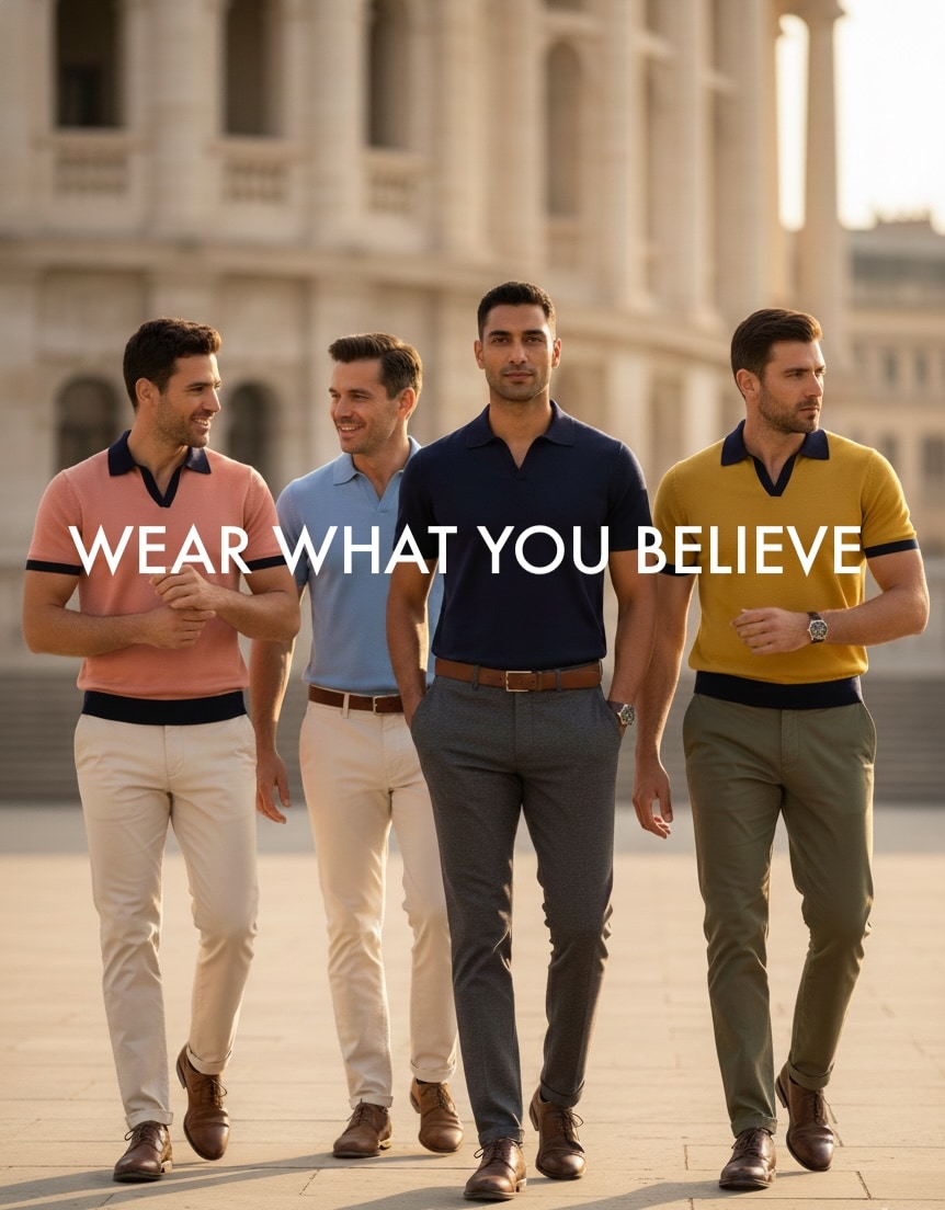 Four men wear a salmon, light blue, navy blue, and yellow V-neck jacquard knit BCI cotton short sleeve Polo