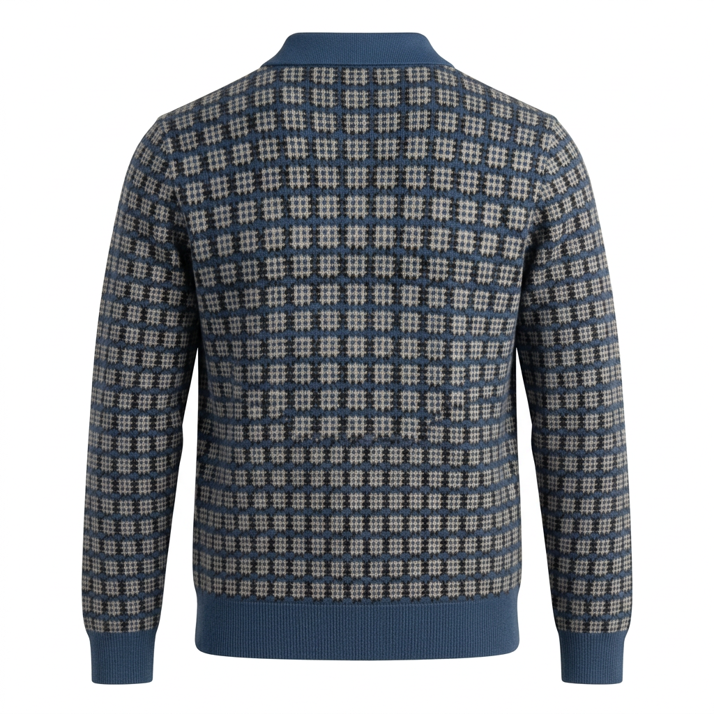 Back view of the Jacquard Cotton Long Sleeve V-Neck Polo