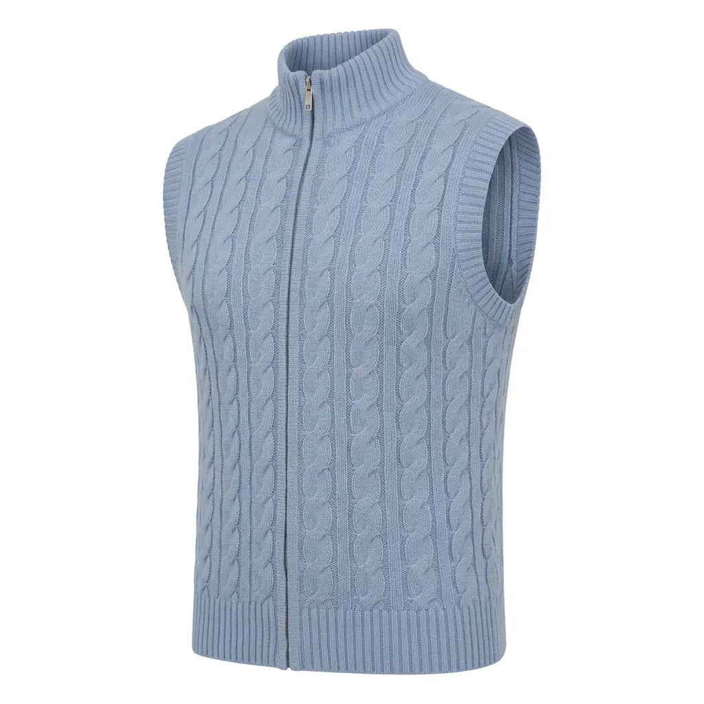 Blue cable-knit gilet three-quarter side product shot