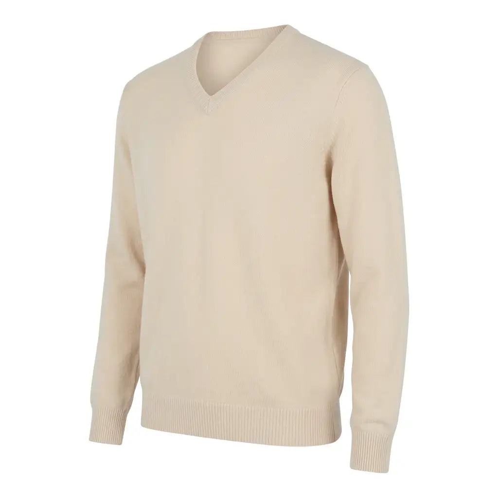 Buttermilk merino V-neck three-quarter shot