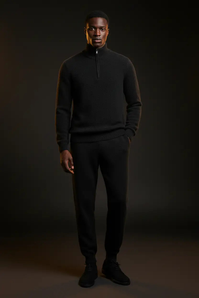 Cashmere Joggers Jet Black - Editorial on Model