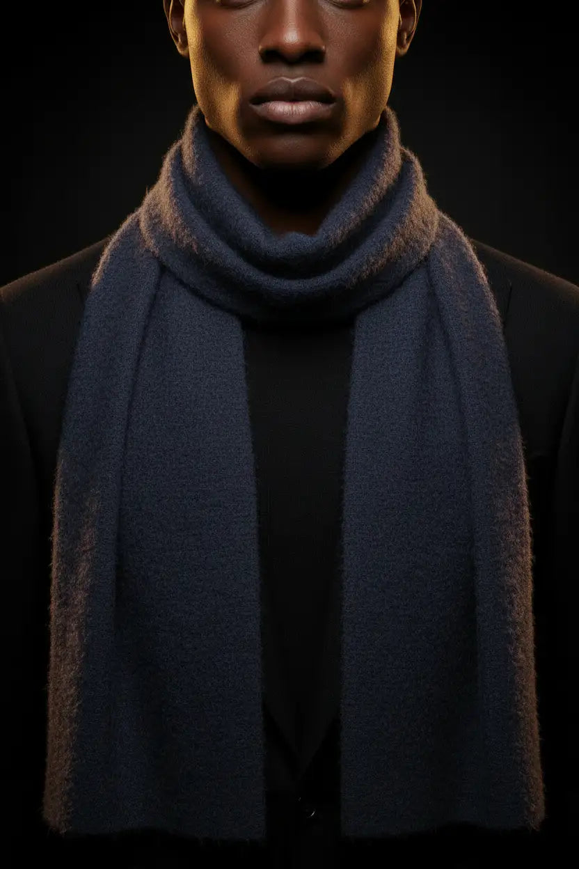 Cashmere Scarf City Navy - On Model with Cashmere Fuzz