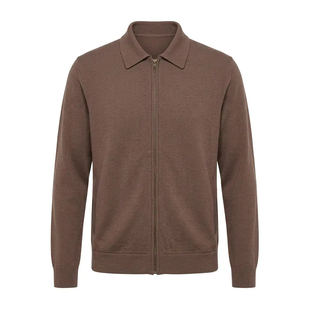 Castagne jacket front view with single zipper pull and clean hem