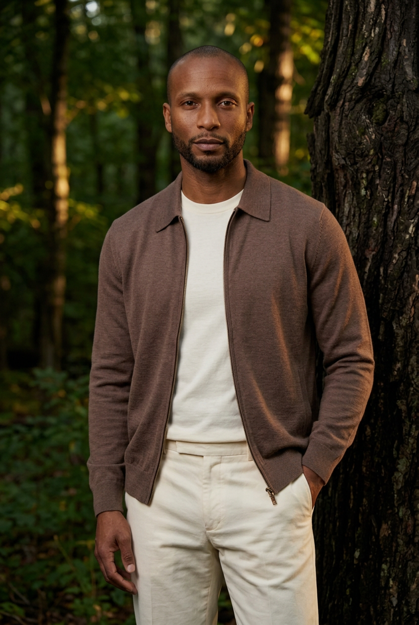 Chestnut merino point-collar jacket woodland editorial
