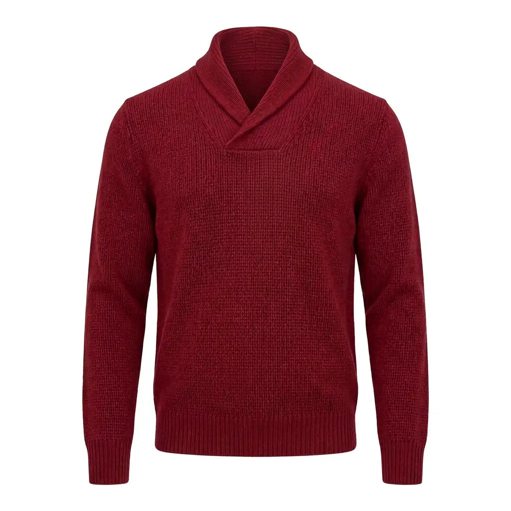 Crimson pullover knit repair with solid continuous fabric beneath the collar