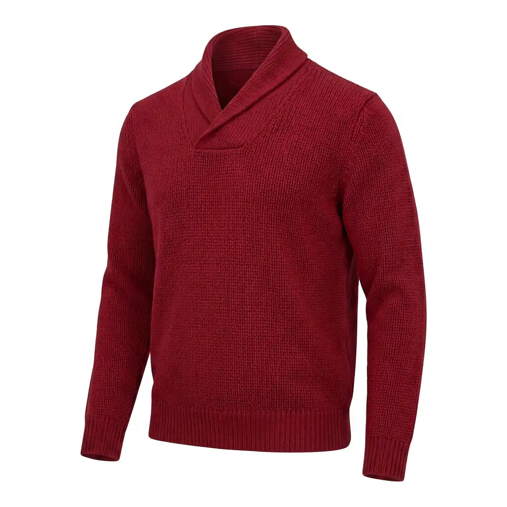 Crimson pullover three-quarter view, color correction using the supplied swatch