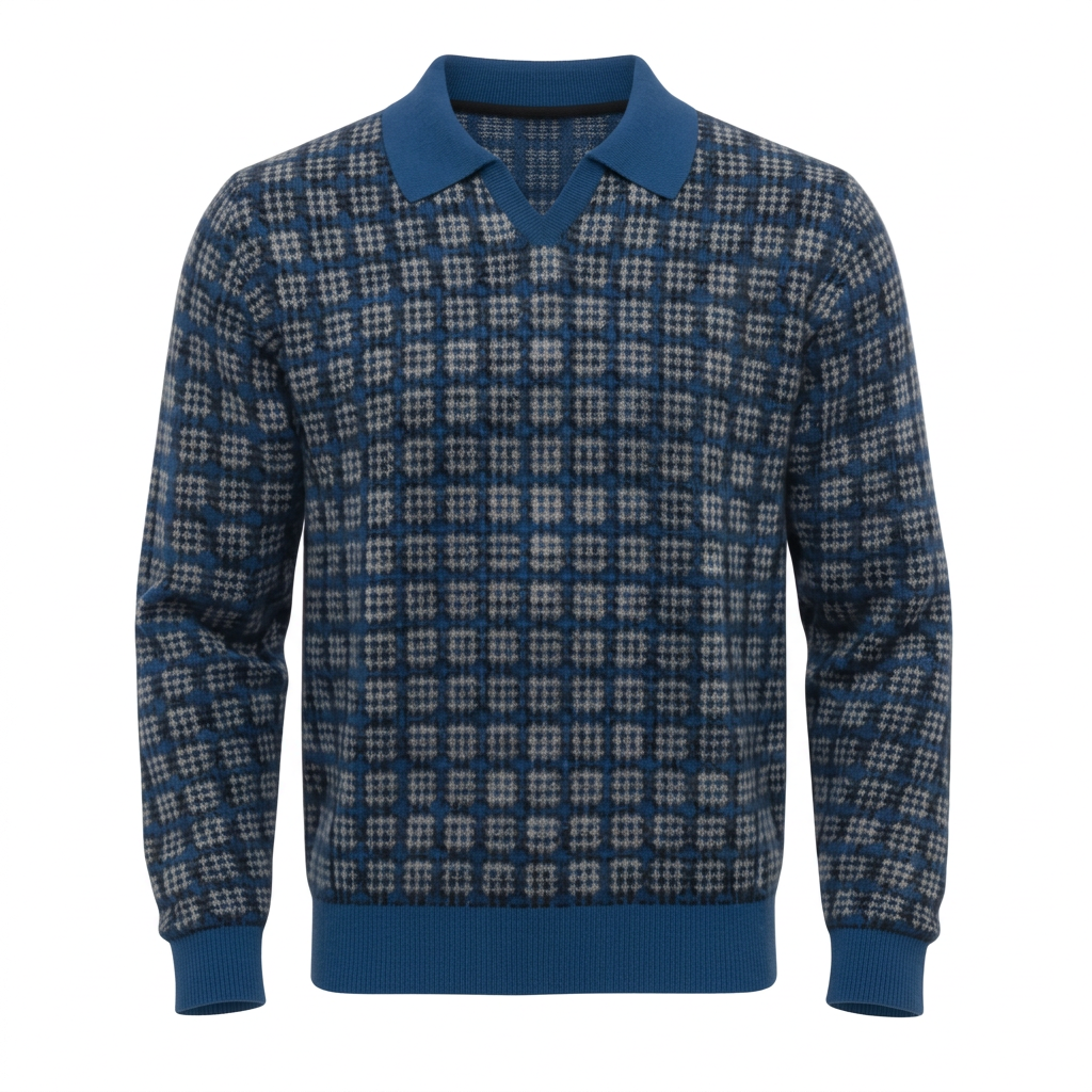 Front shot of the Jacquard Cotton Long Sleeve V-Neck Polo