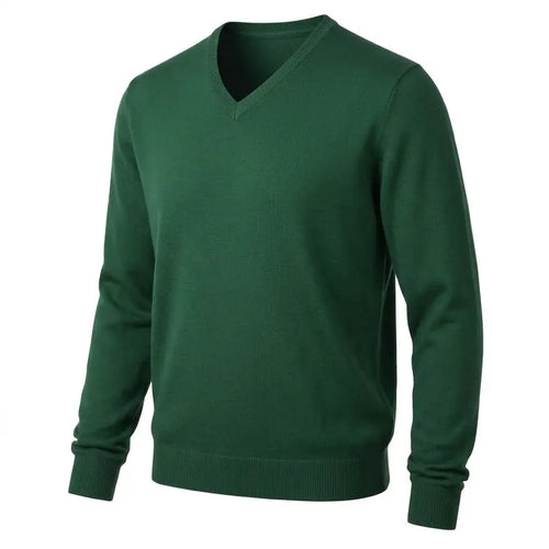 Green merino V-neck three-quarter product shot