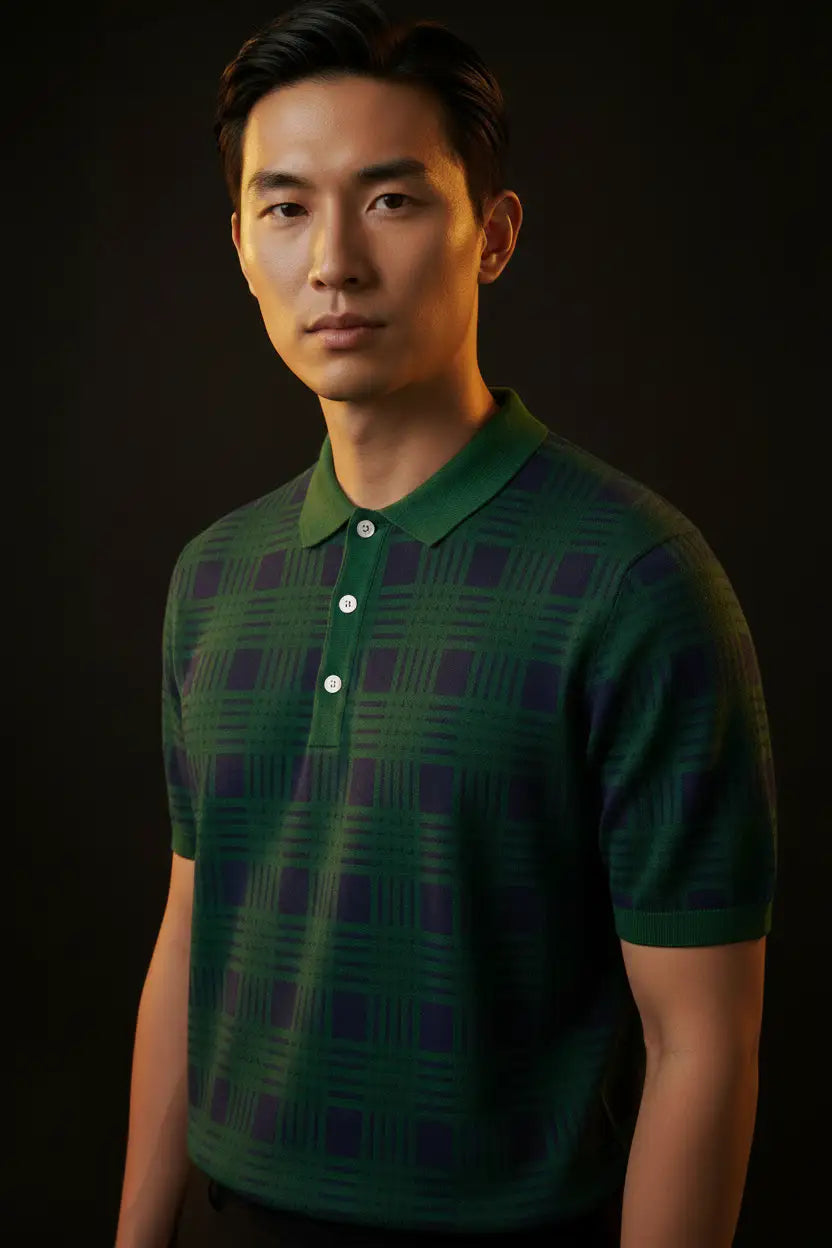 Jacquard Cotton Short Sleeve Polo - Green & Navy Plaid | Editorial
