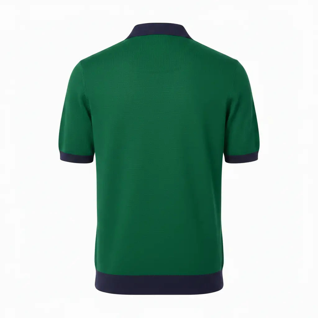 Jacquard Cotton Short Sleeve Polo - Green & Navy Trim | Back (revised)