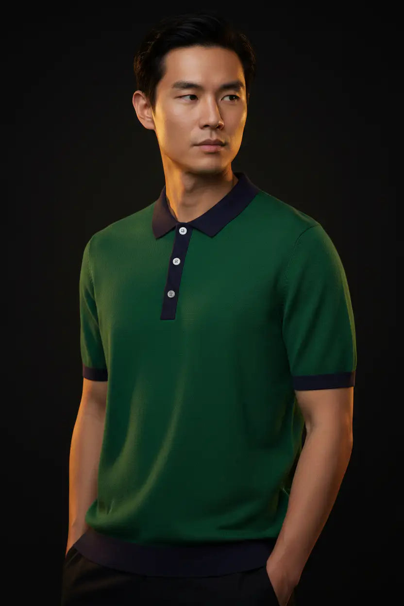 Jacquard Cotton Short Sleeve Polo - Green & Navy Trim | Editorial v2