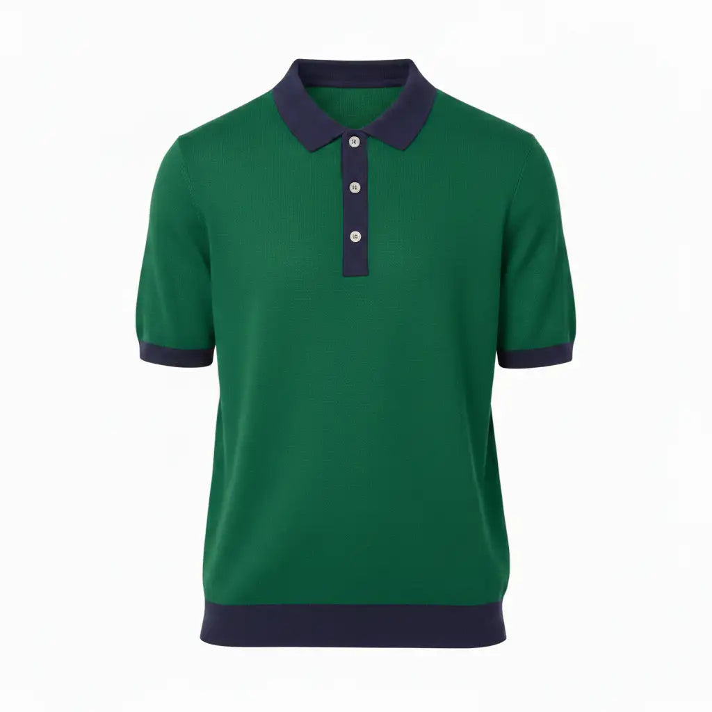 Jacquard Cotton Short Sleeve Polo - Green & Navy Trim | Front