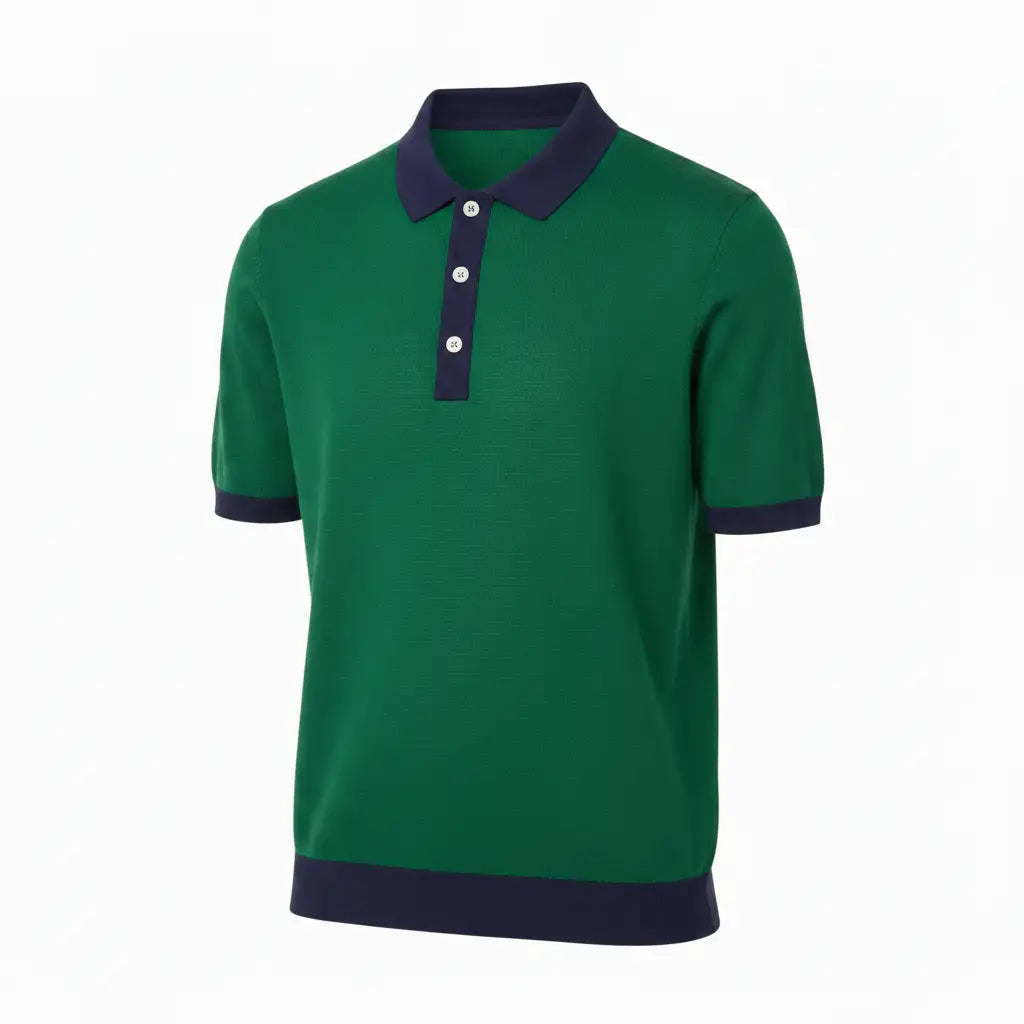 Jacquard Cotton Short Sleeve Polo - Green & Navy Trim | Side
