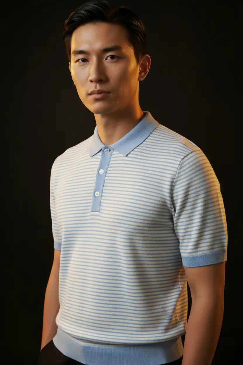 Jacquard Cotton Short Sleeve Polo - Light Blue & White Stripe | Editorial