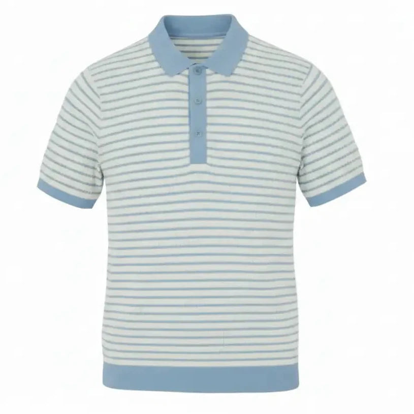 Jacquard Cotton Short Sleeve Polo - Light Blue & White Stripe | Front