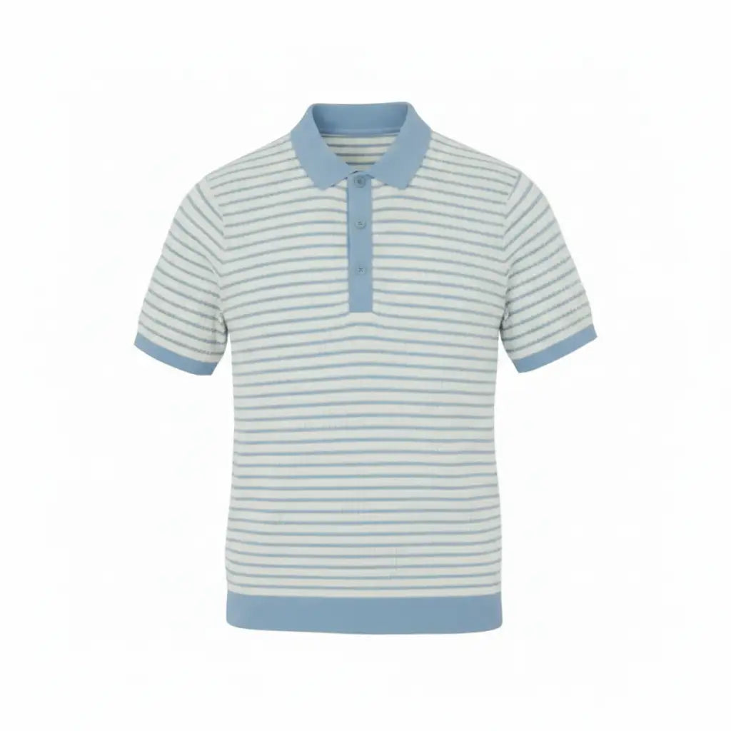 Jacquard Cotton Short Sleeve Polo - Light Blue & White Stripe | Front