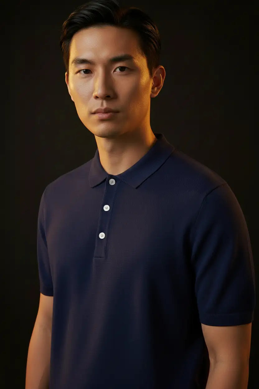 Jacquard Cotton Short Sleeve Polo - Navy | Editorial