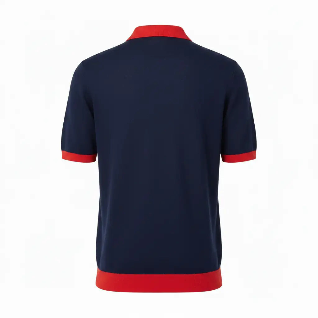 Jacquard Cotton Short Sleeve Polo - Navy & Red Trim | Back