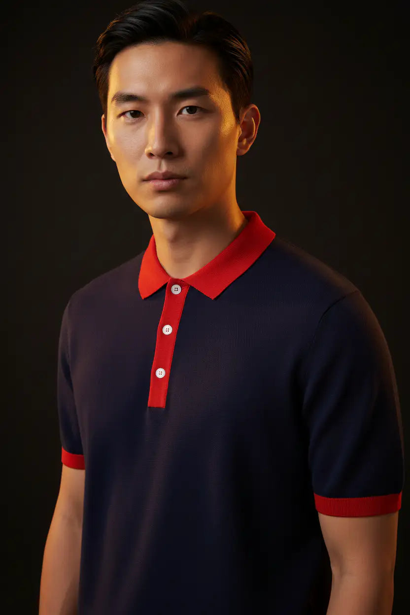 Jacquard Cotton Short Sleeve Polo - Navy & Red Trim | Editorial