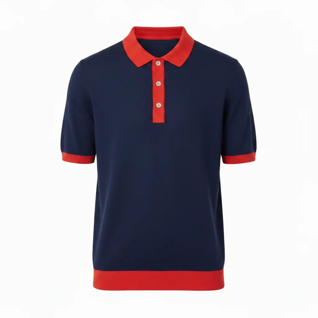 Jacquard Cotton Short Sleeve Polo - Navy & Red Trim | Front