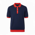 Jacquard Cotton Short Sleeve Polo - Navy & Red Trim | Front