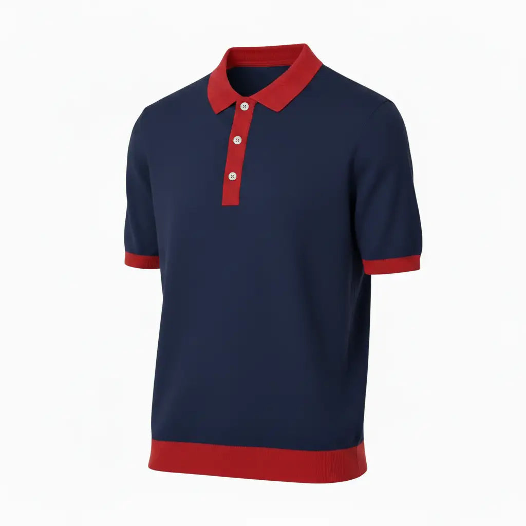 Jacquard Cotton Short Sleeve Polo - Navy & Red Trim | Three-Quarter Side (v2)