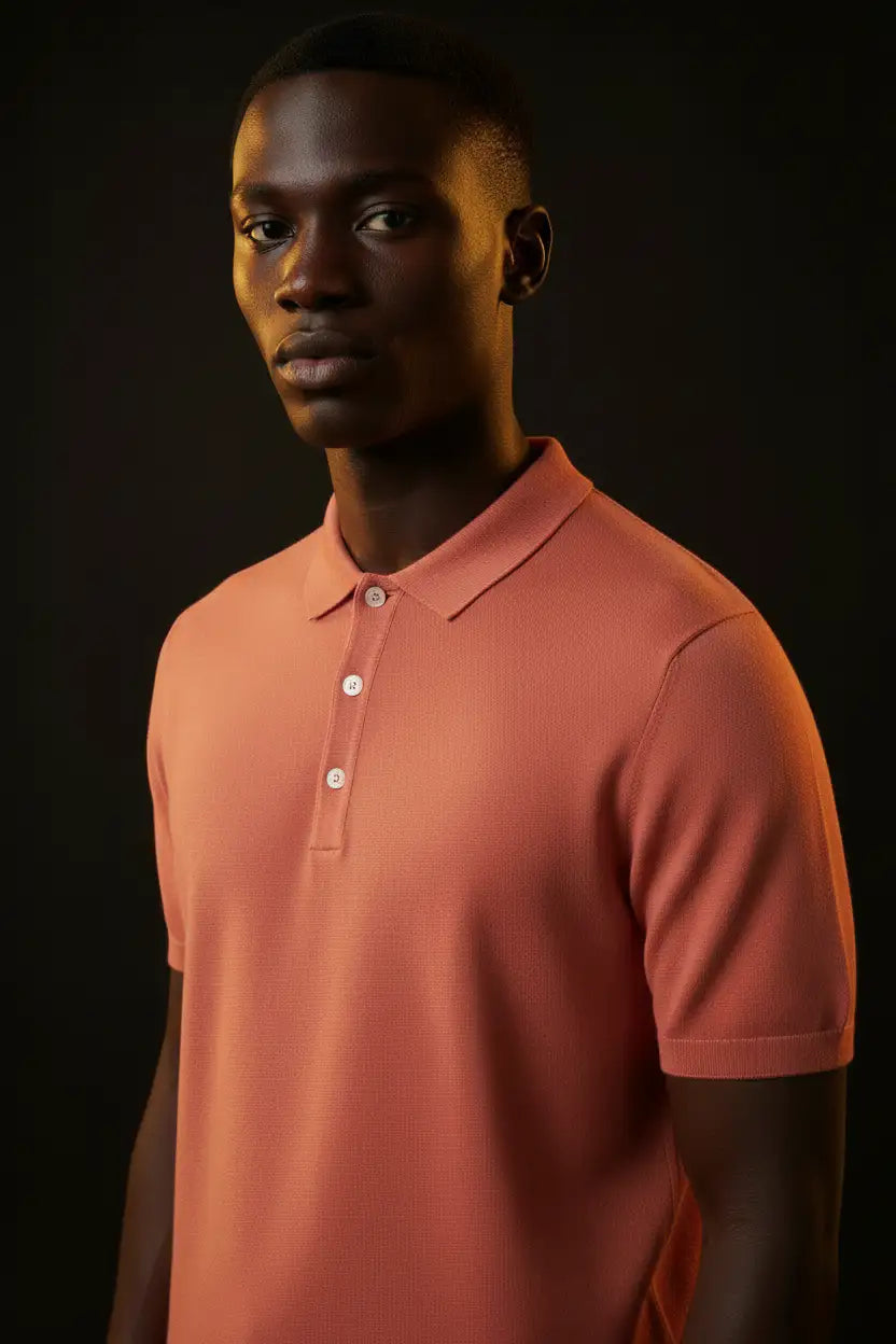 Jacquard Cotton Short Sleeve Polo - Salmon | Editorial - Black Model