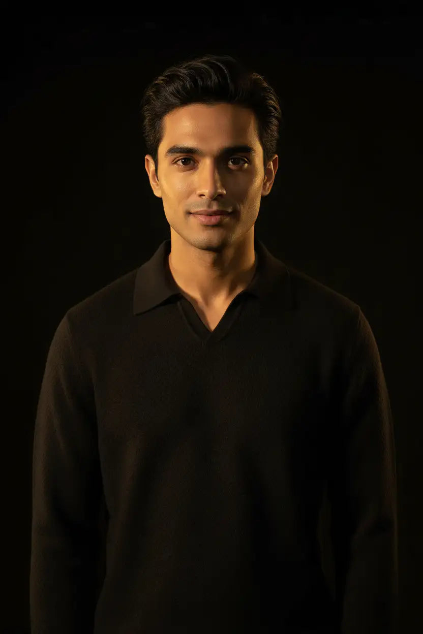Jacquard Cotton V-Neck Polo Pullover - Black Editorial 1