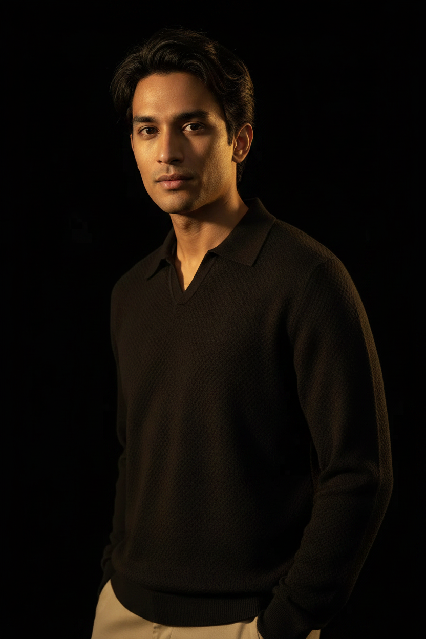 Jacquard Cotton V-Neck Polo Pullover - Black Editorial 2
